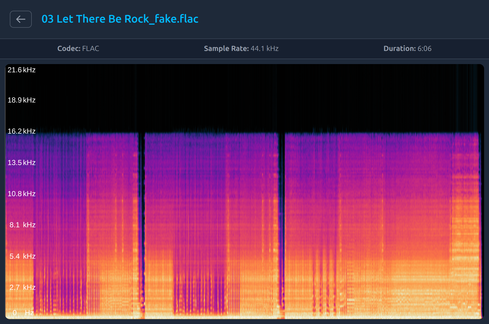 Spectrogram of a fake FLAC file showing a 16kHz cutoff