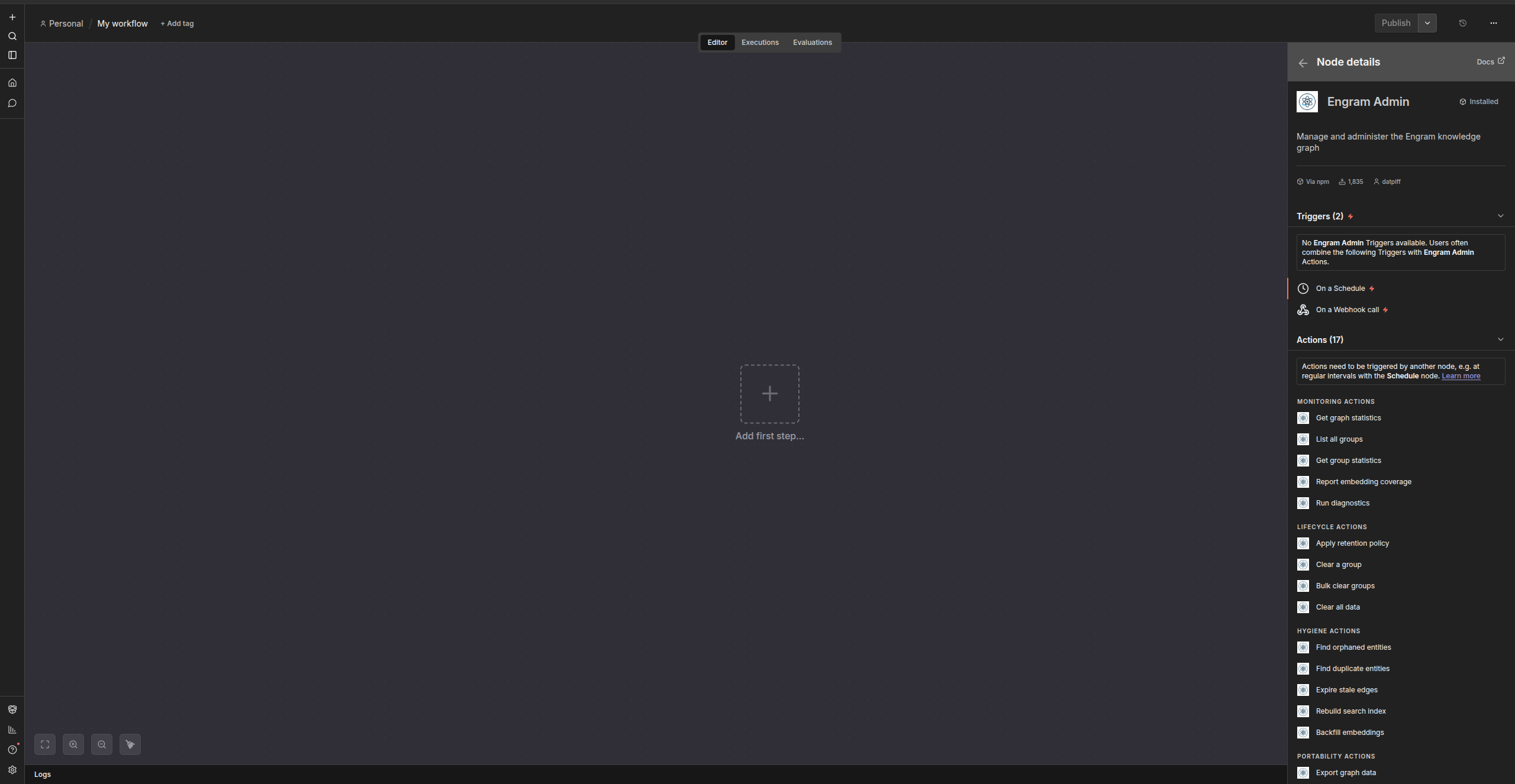 Engram Admin monitoring and hygiene actions in n8n