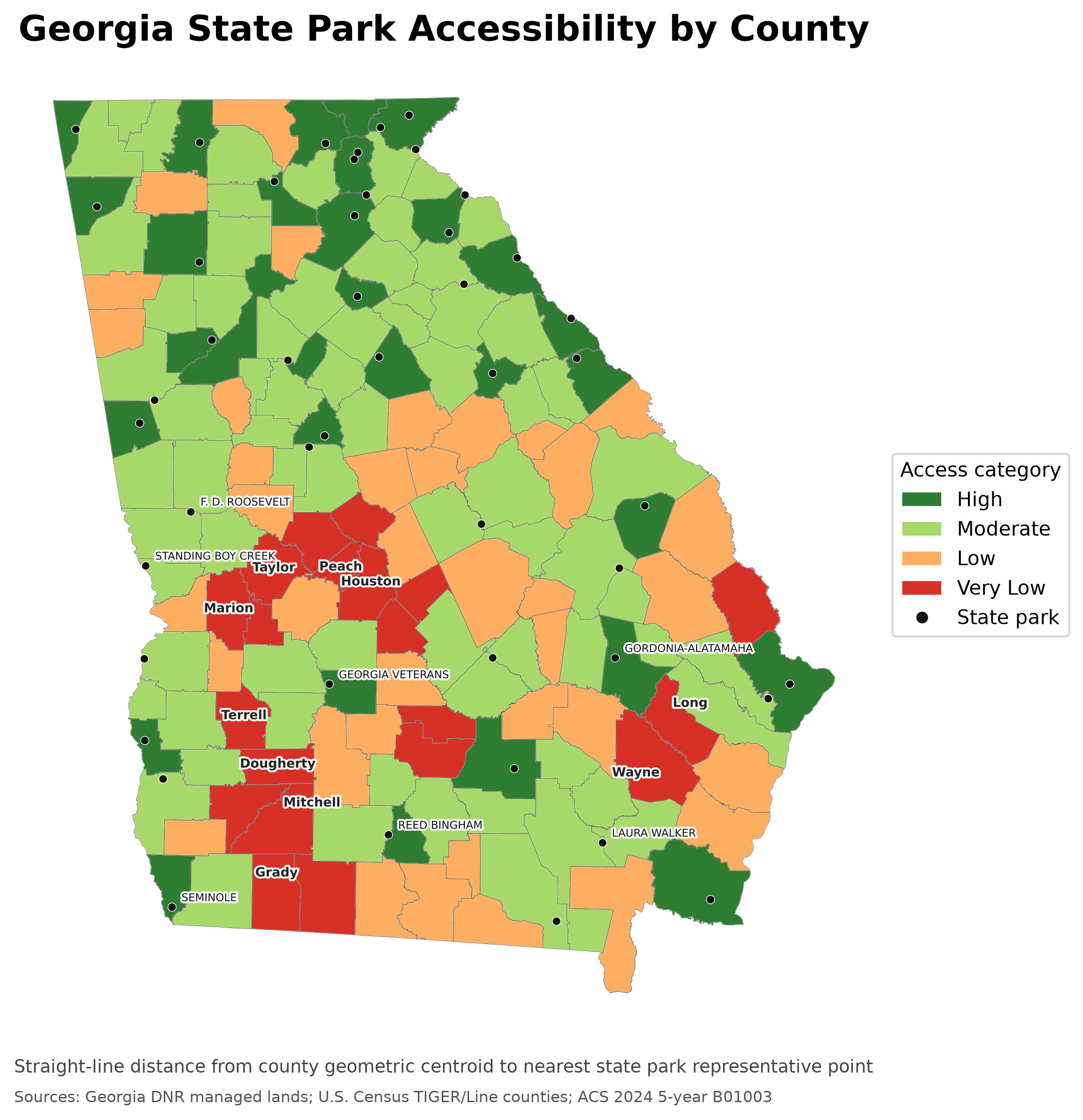 Static Georgia State Park accessibility overview by county