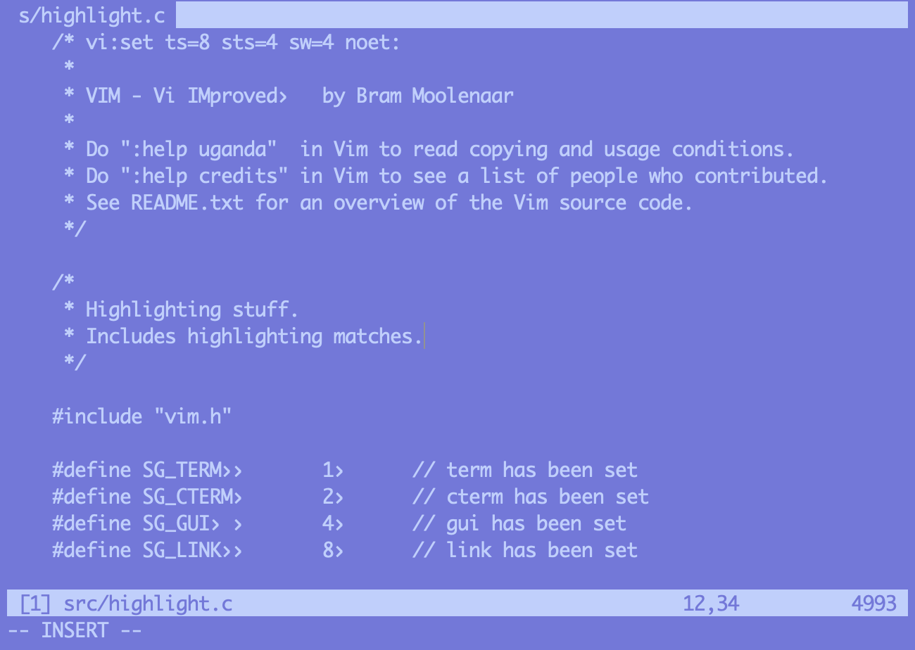 Terminal showing src/highlight.c from Vim