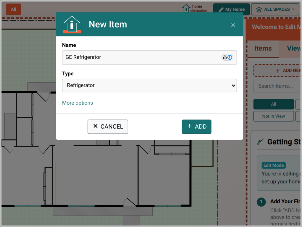 Home Information Add Item Dialog