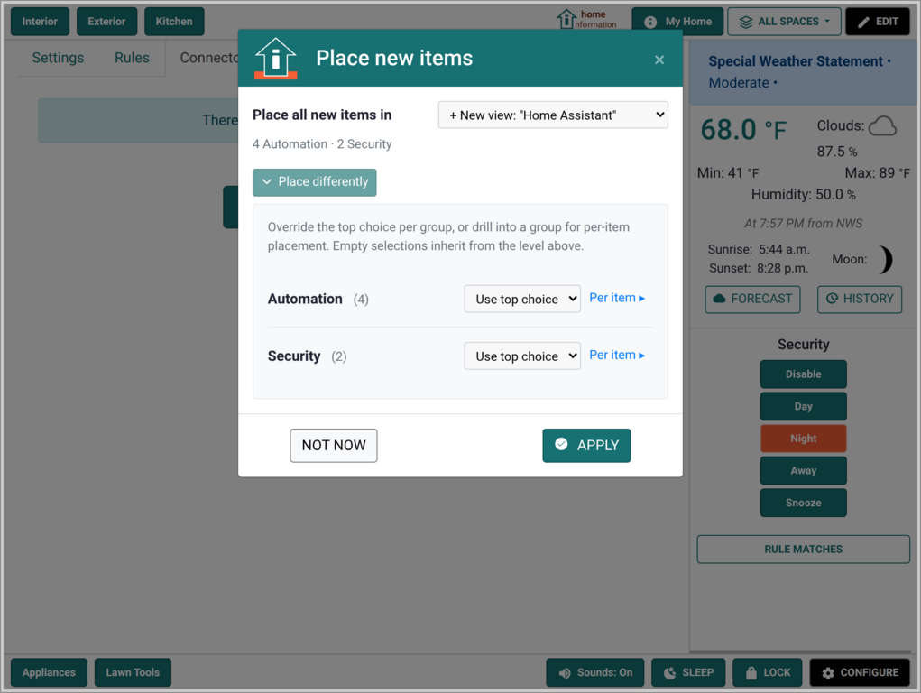 Connector place items dialog