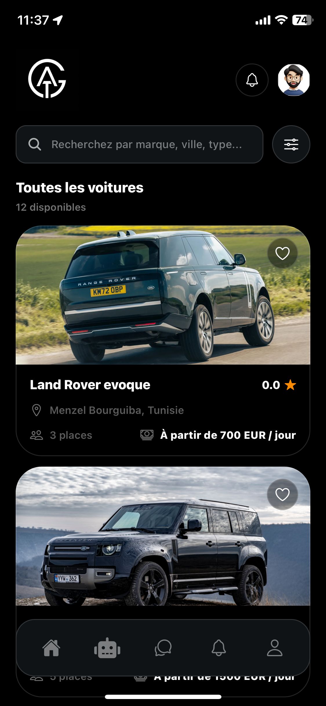 Liste des véhicules AirGT avec disponibilités et tarifs
