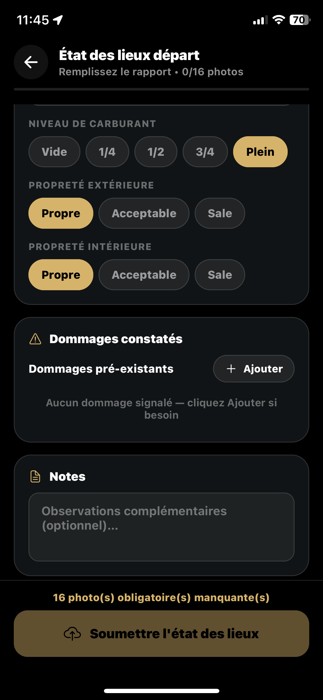 État du véhicule AirGT : propreté et dommages constatés