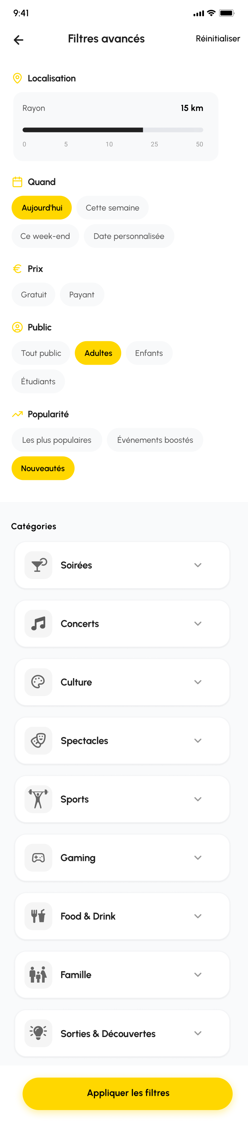 Wazzup advanced filters: date, category, distance and price