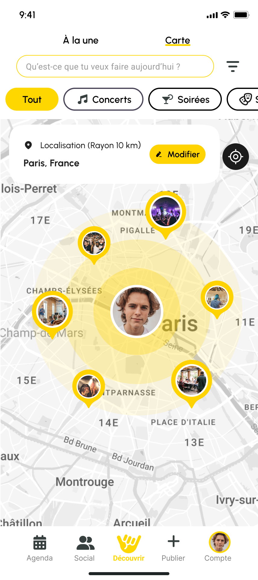 Wazzup map showing nearby events