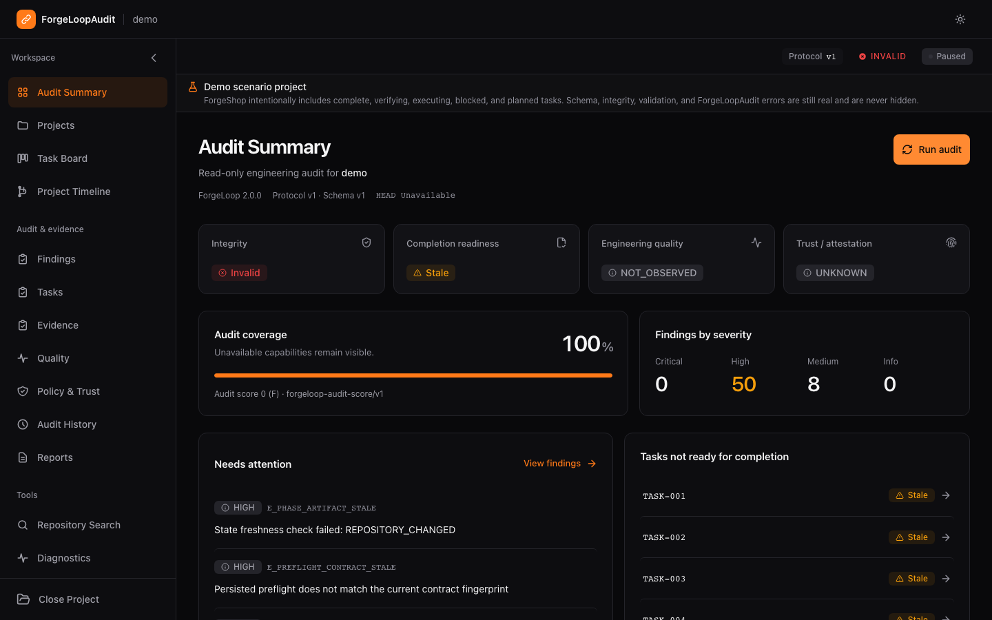 ForgeShop demo audit summary with separate integrity, readiness, quality and trust verdicts