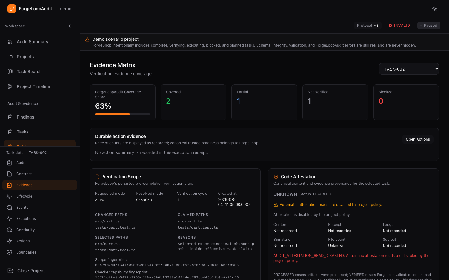 ForgeShop demo task evidence and verification scope