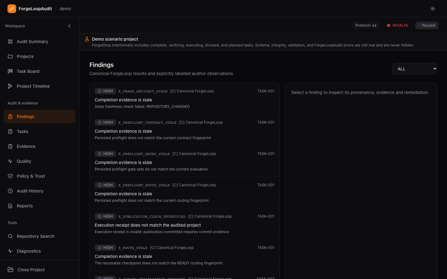 ForgeShop demo findings with provenance and severity