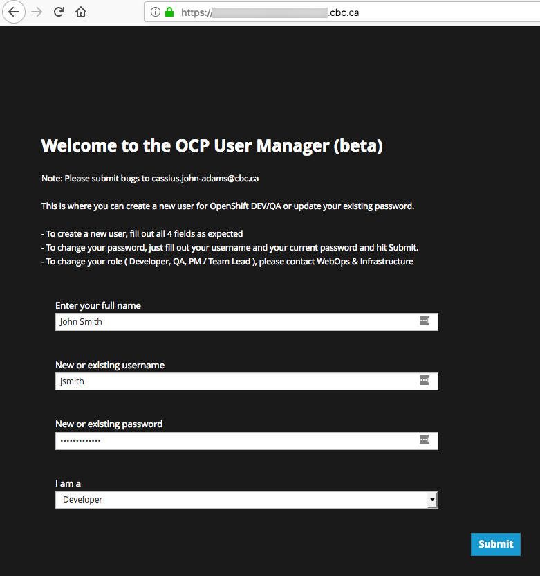 OpenShift user account creation through a web interface