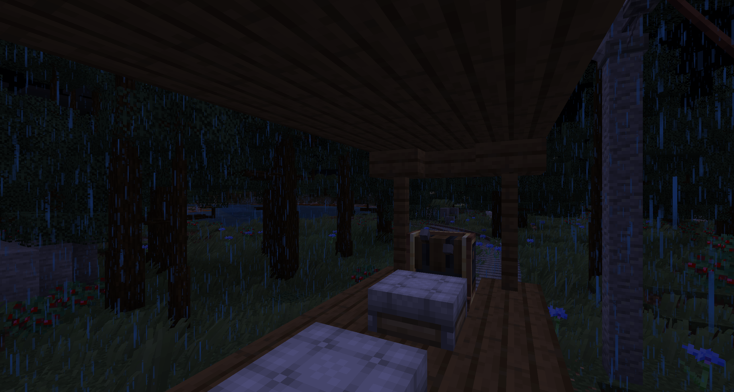 Rain correctly blocked by the roof of a Create contraption