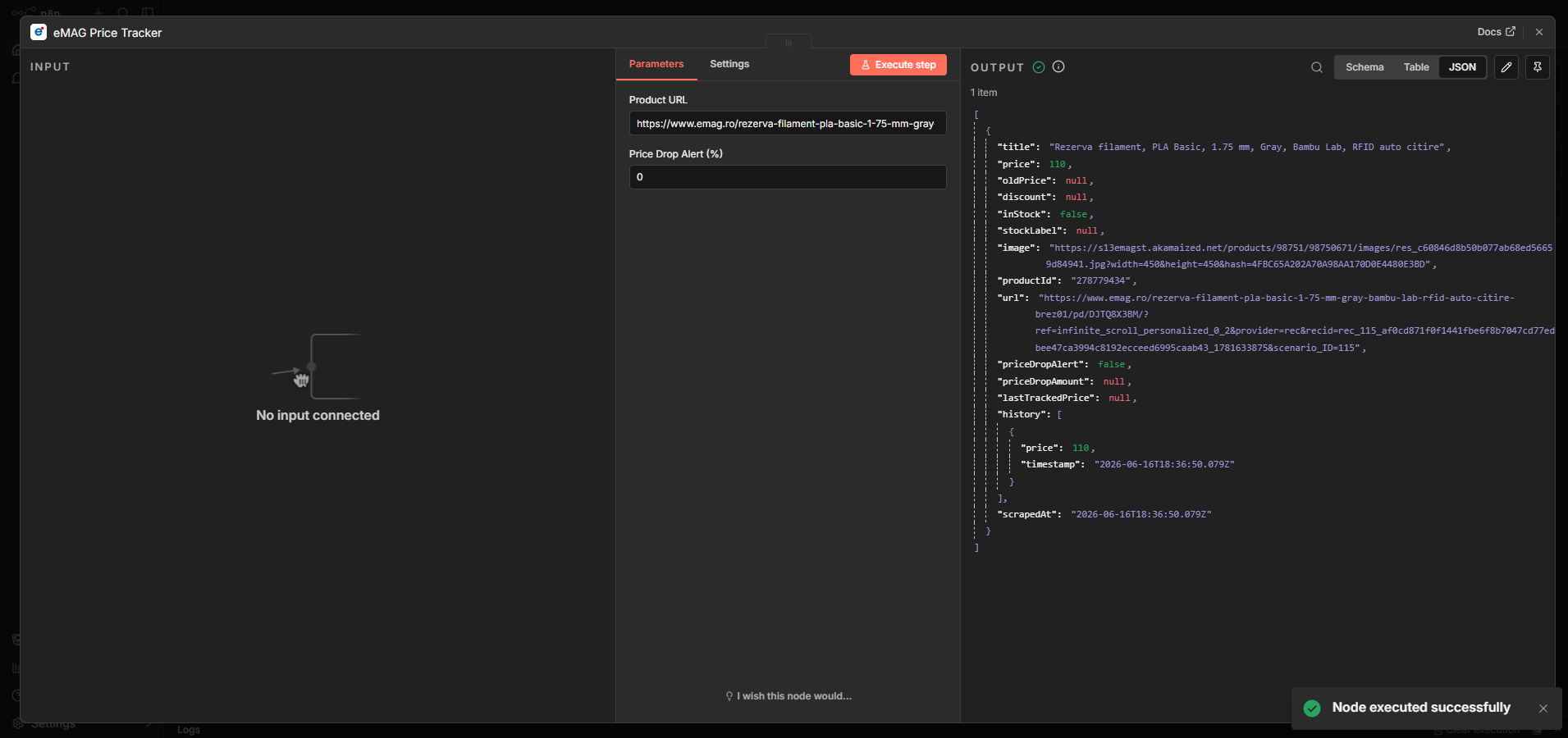eMAG Price Tracker node — config and output