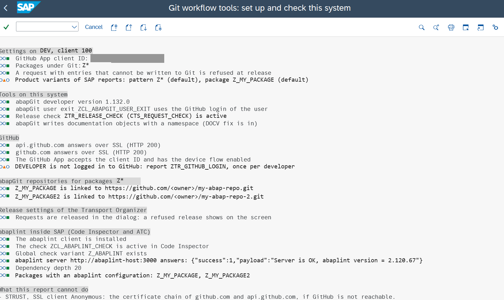 ZTR_SETUP output with green lights