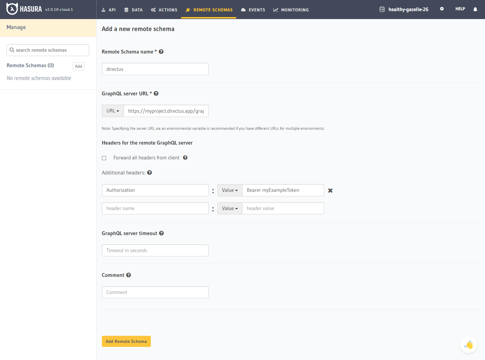 Hasura Add Remote Schema With Authorization