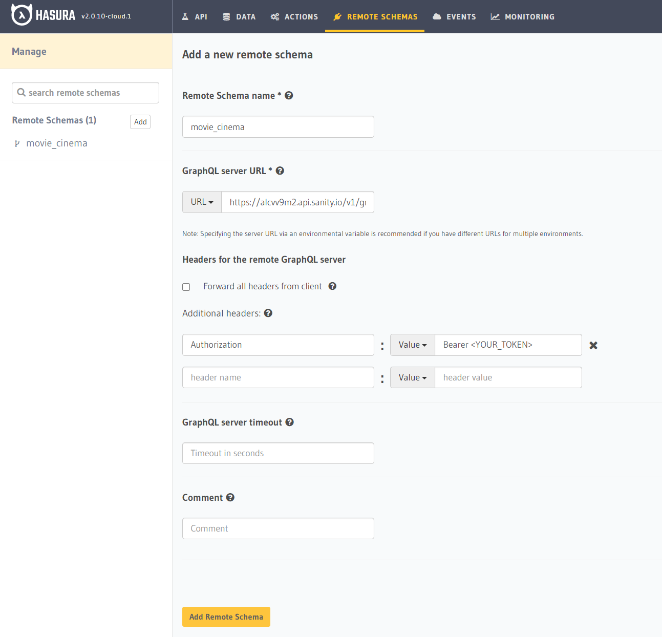 Hasura Add Remote Schema With Authorization