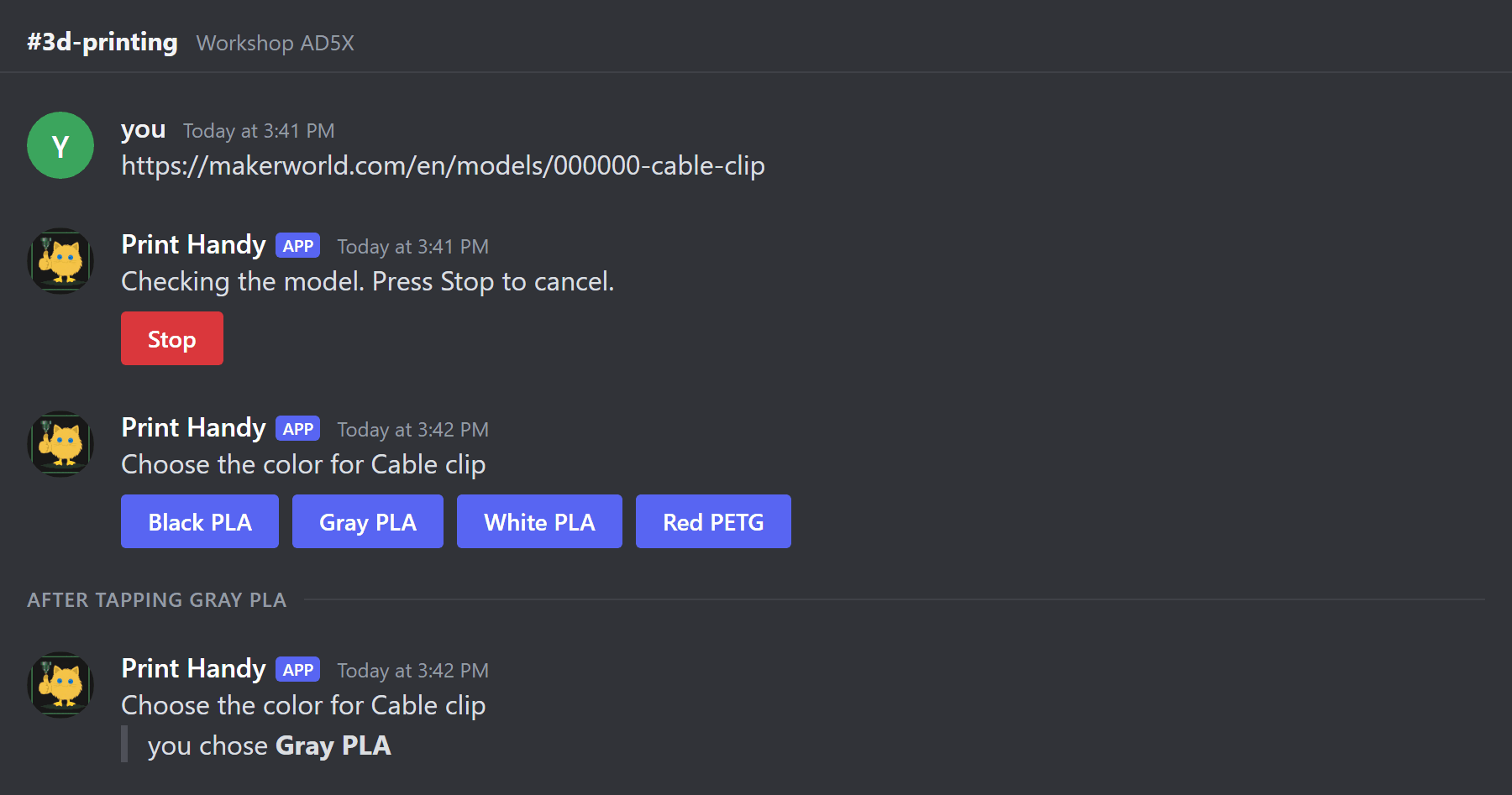 Print Handy in Discord: paste a model link, the bot checks the model, then asks which color each part prints in