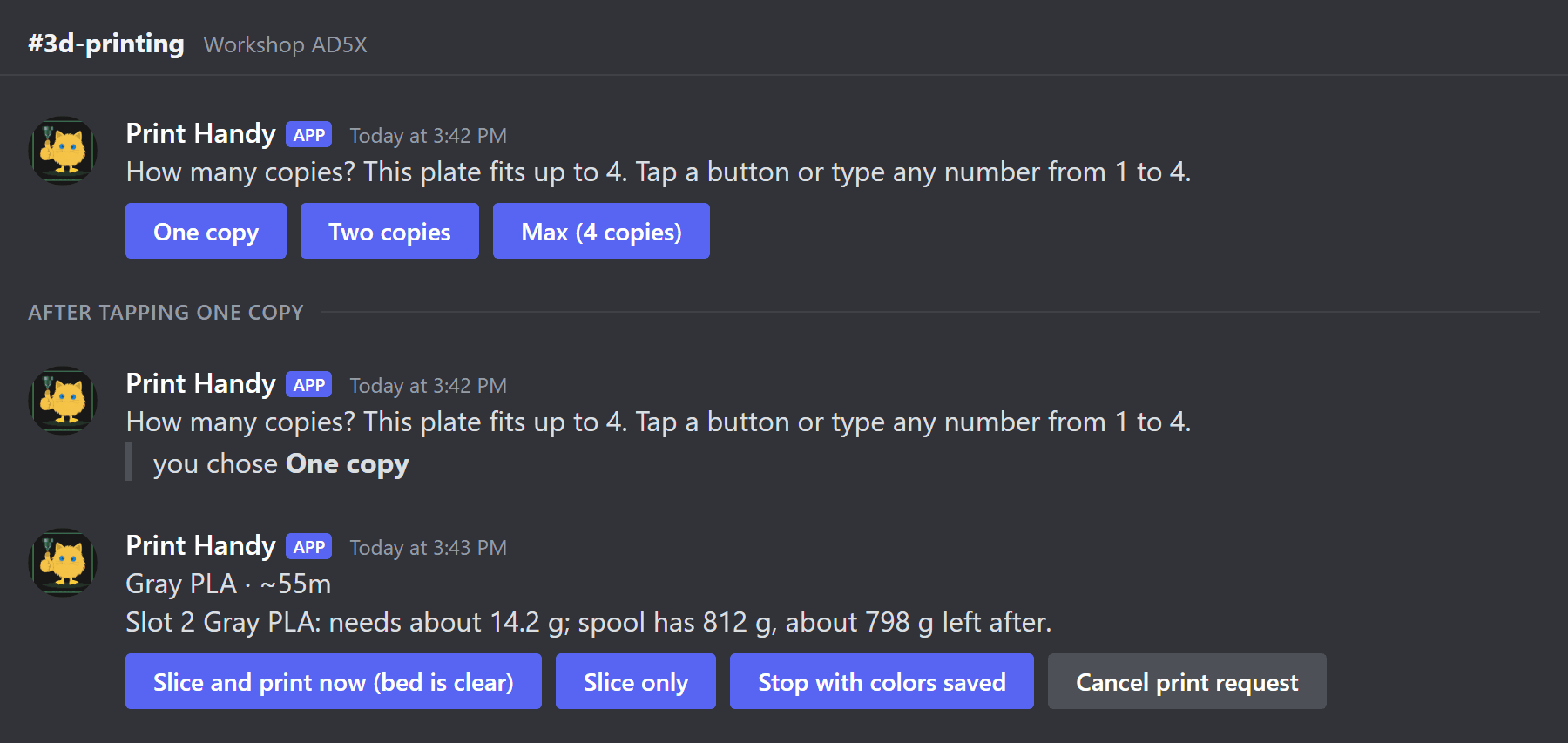 Print Handy in Discord: choose the number of copies, then confirm the estimate with Slice and print now, Slice only, Stop with colors saved or Cancel print request