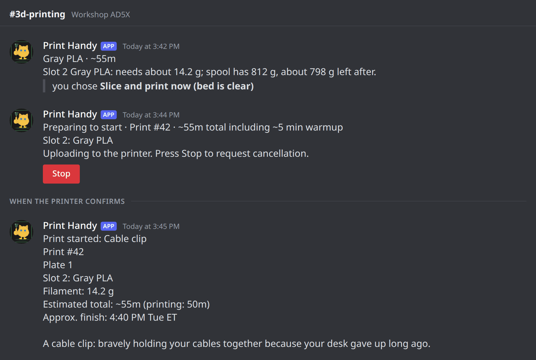 Print Handy in Discord: the print started post, ending with a one-line roast of the model
