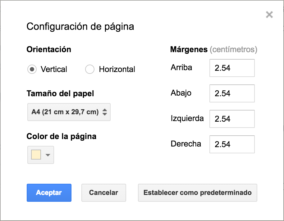 Configuración página Documentos de Google