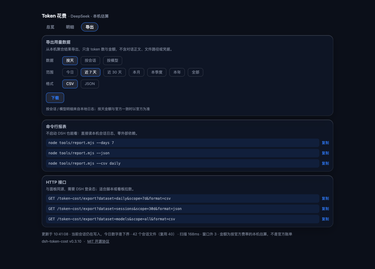 导出：CSV/JSON 下载、CLI 报表与 HTTP 接口