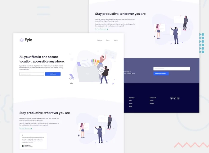 Fylo landing page with two column layout
