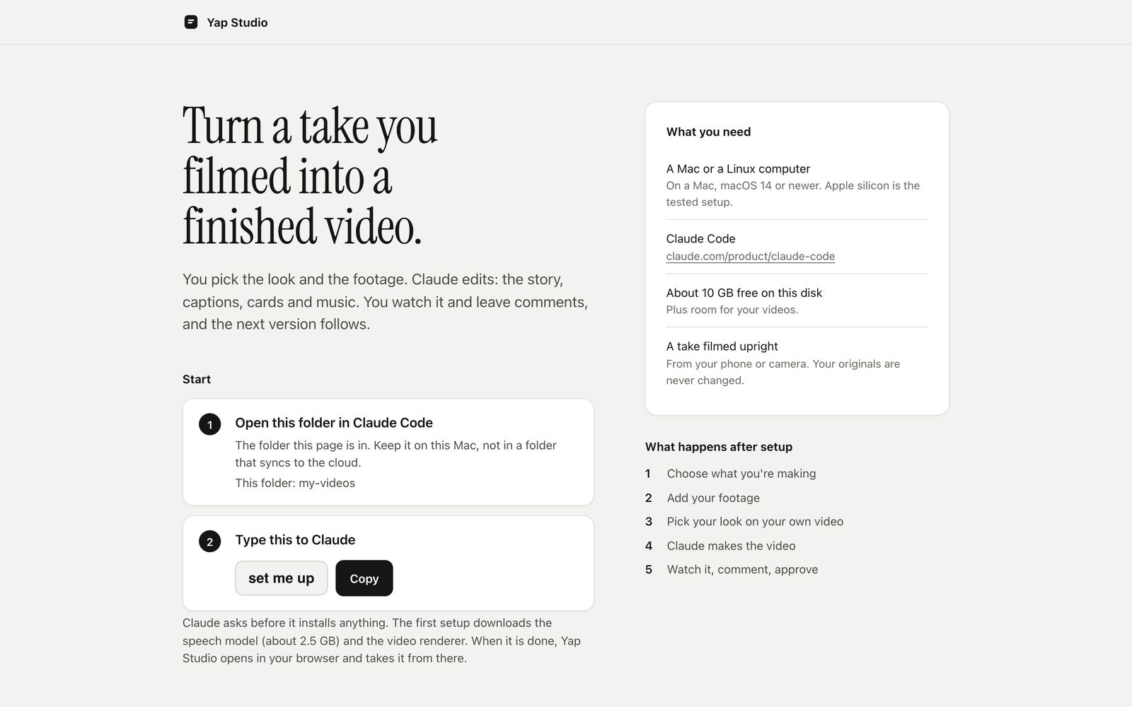 Start here page: what you need, and the phrase to type in Claude Code