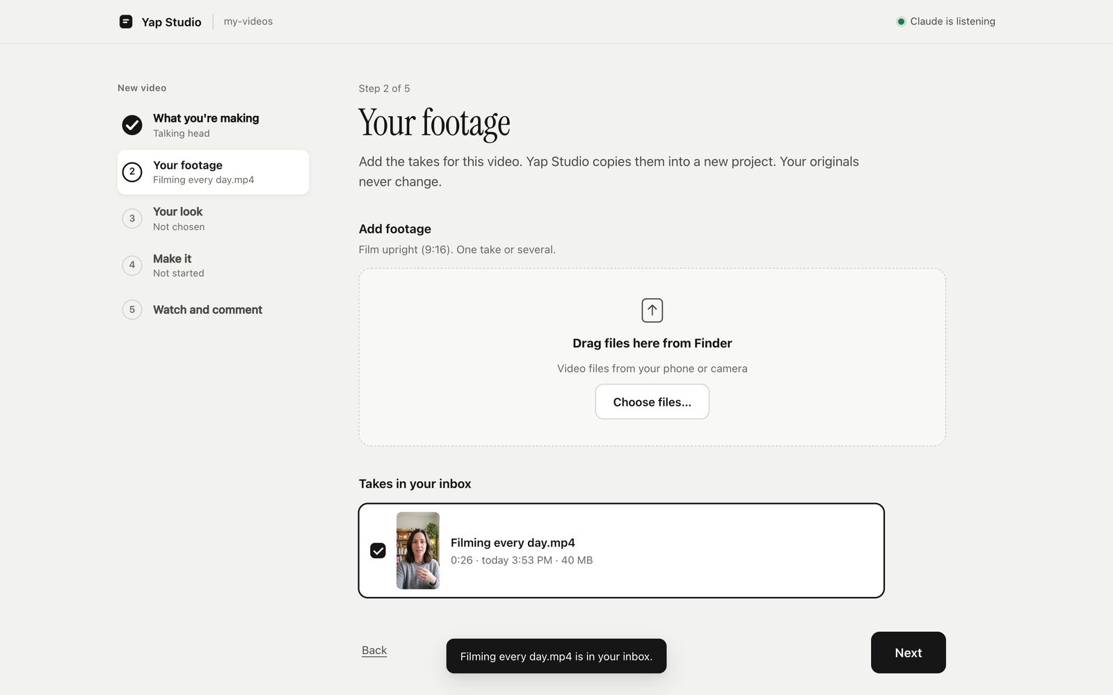 Your footage: drop zone and the take in the inbox with its thumbnail