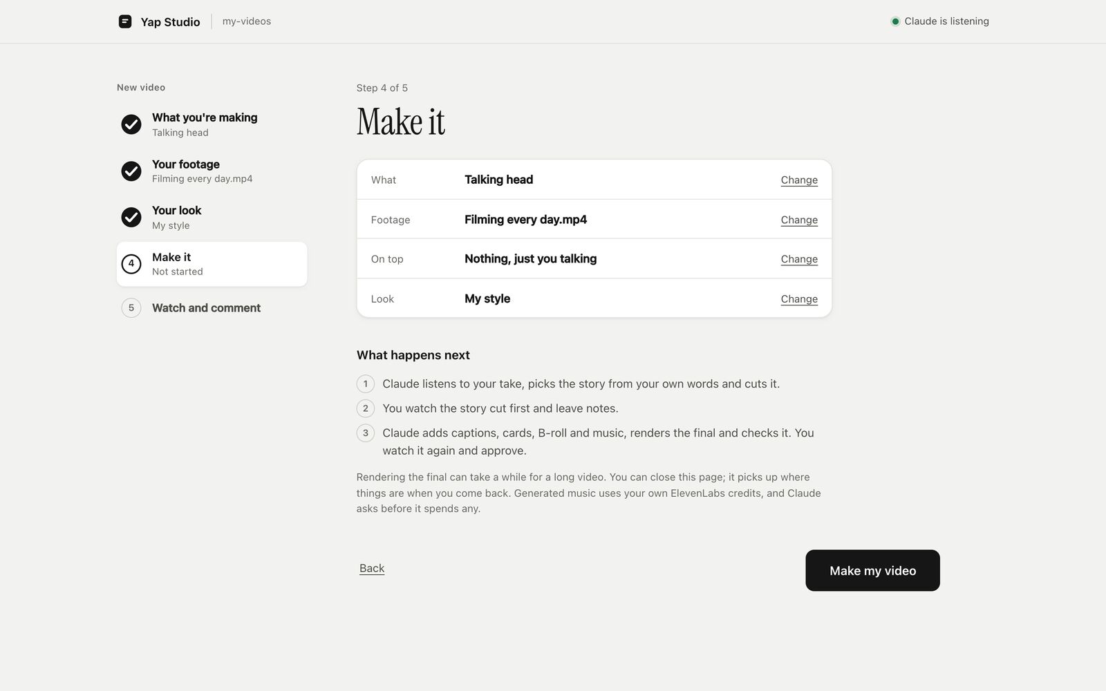Make it: a summary of the choices and the Make my video button