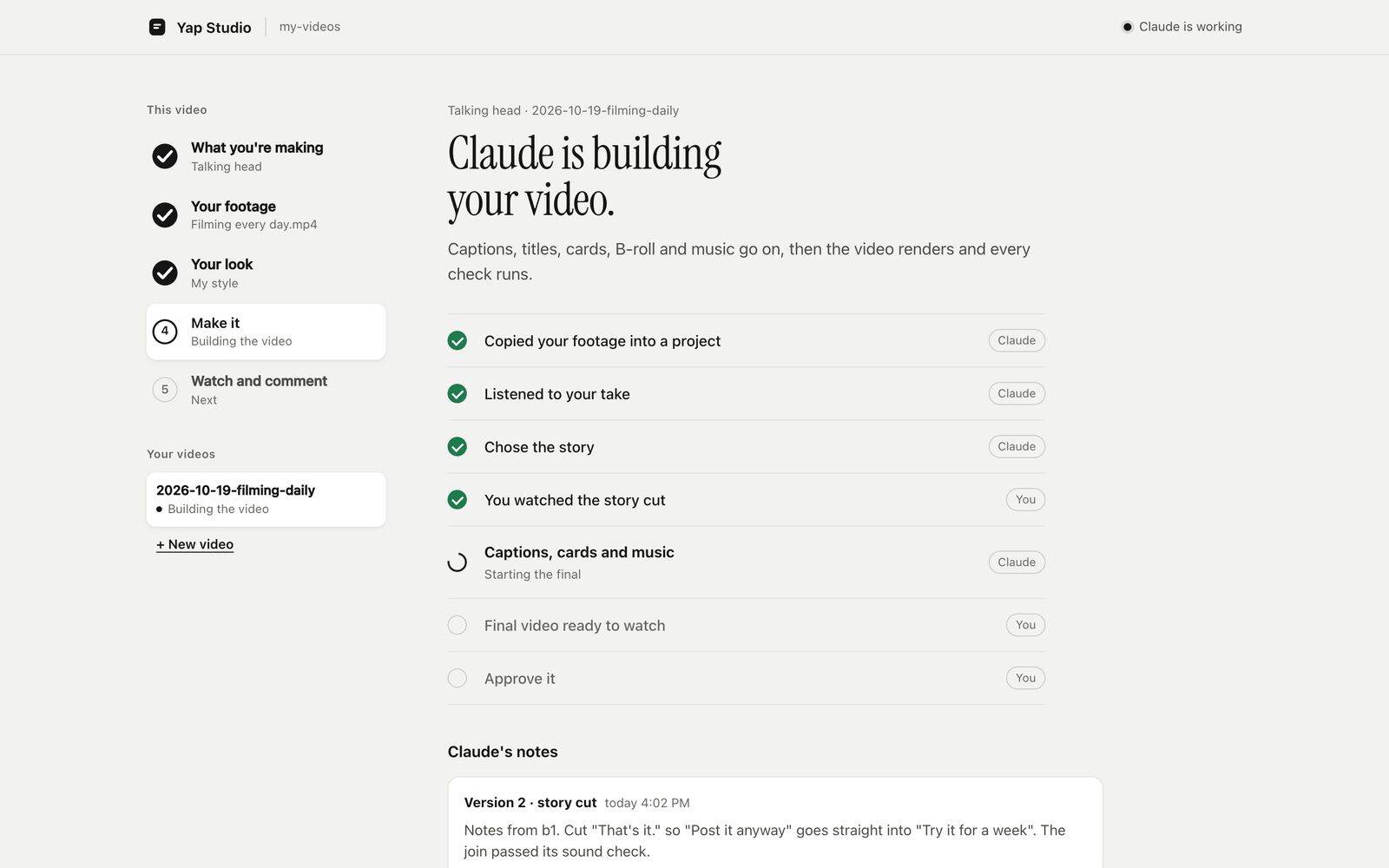 Progress while Claude works, with Claude's notes on the version