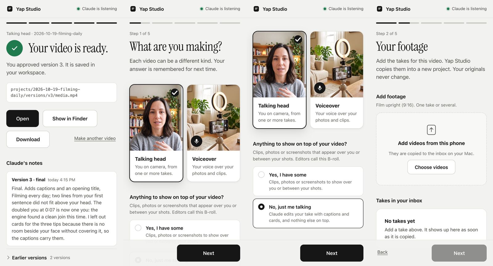 The finished video, the video type question and the footage step on a phone