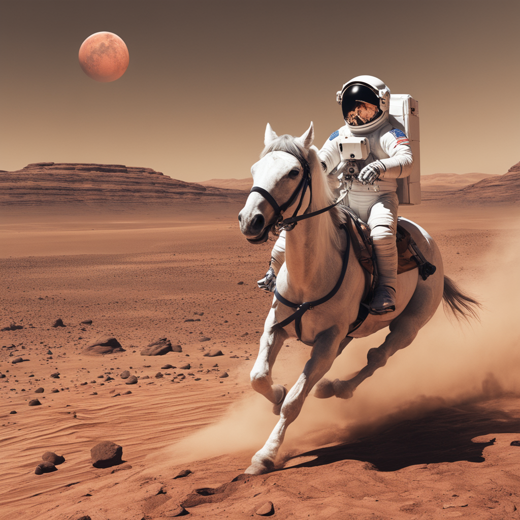 Photograph of an astronaut riding a horse on mars