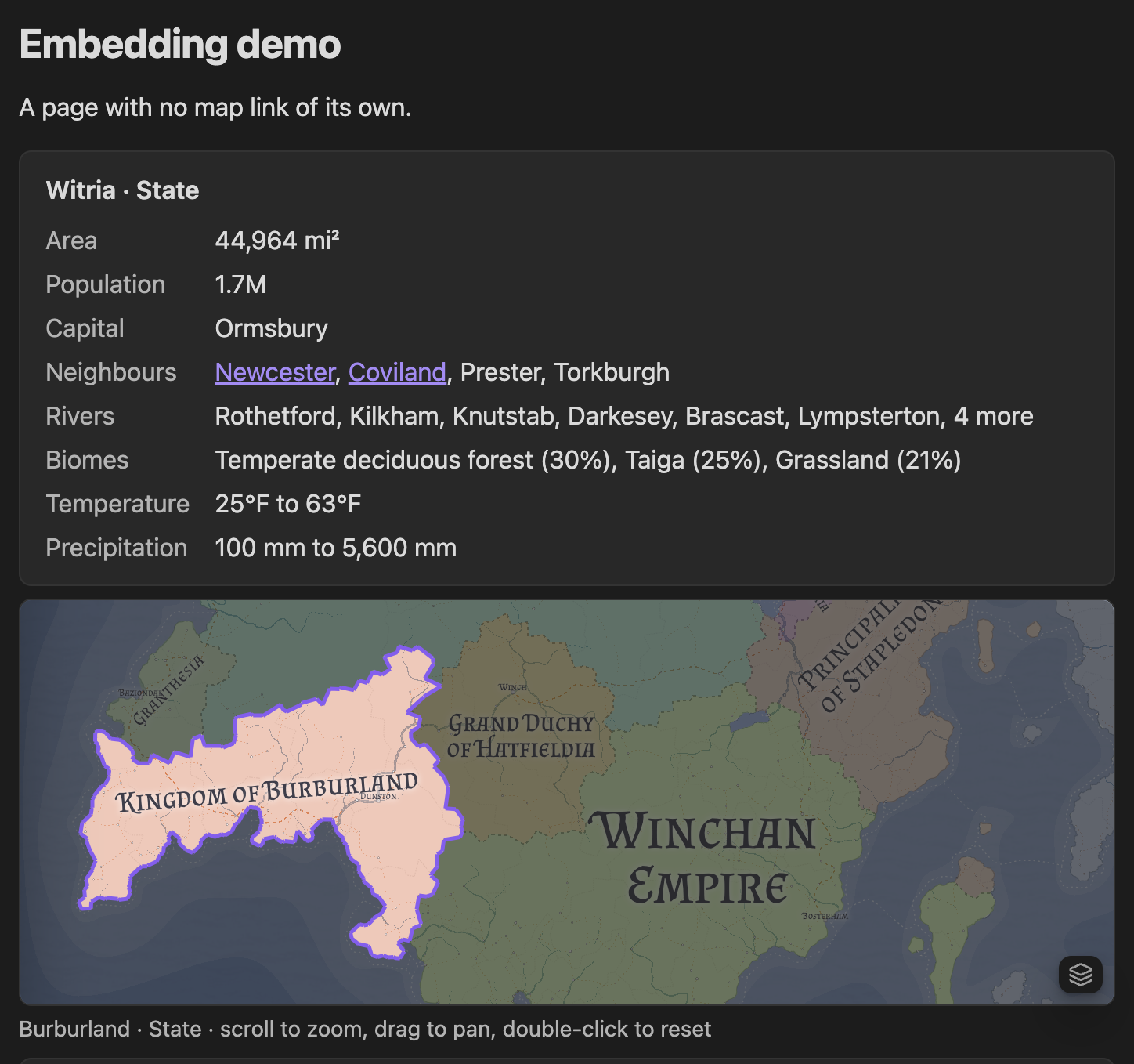 A page with no map link of its own, showing Witria's facts and Burburland's mini-map