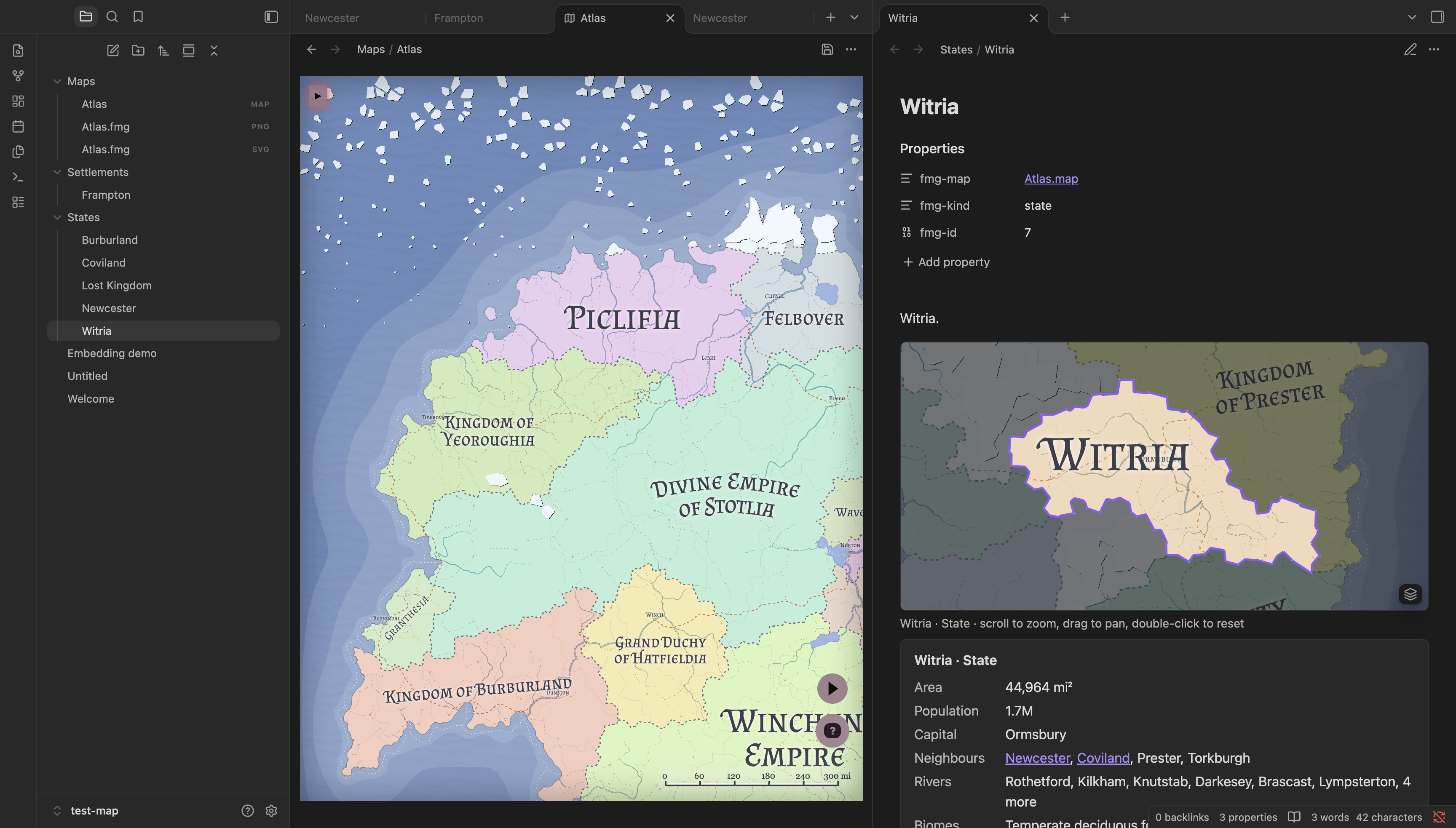 The FMG map open in an Obsidian tab, next to the linked note for the state of Witria with its mini-map and facts