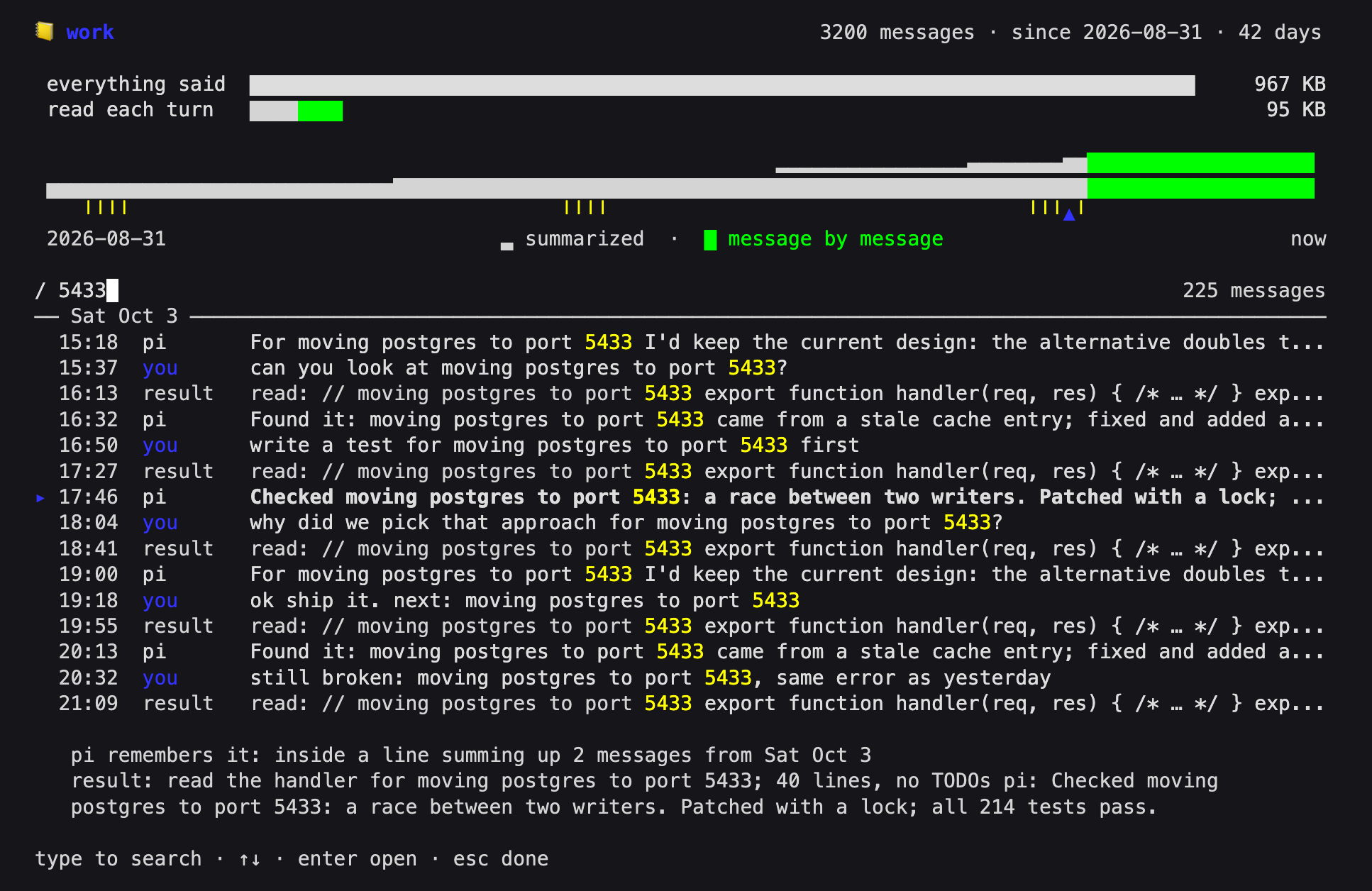 /mem: searching a 42-day conversation for "5433"; hits on the timeline, each telling how the model remembers it