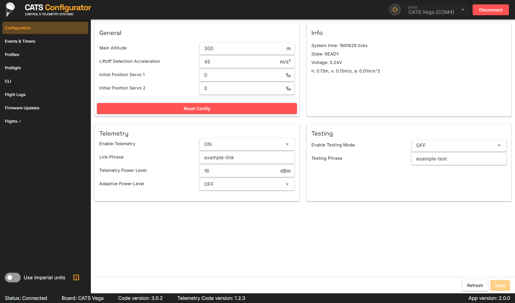 Configurator Configuration page connected to a CATS Vega