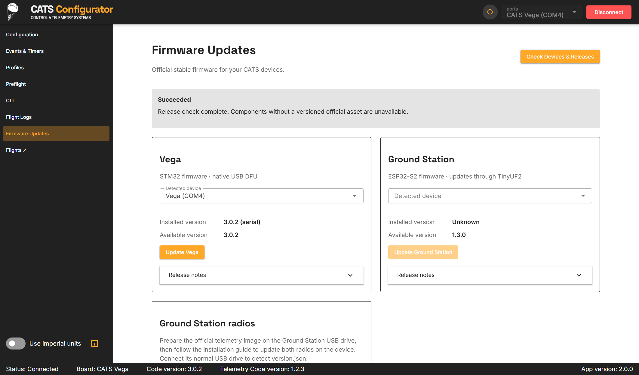 Configurator Firmware Updates page after checking connected devices and official releases