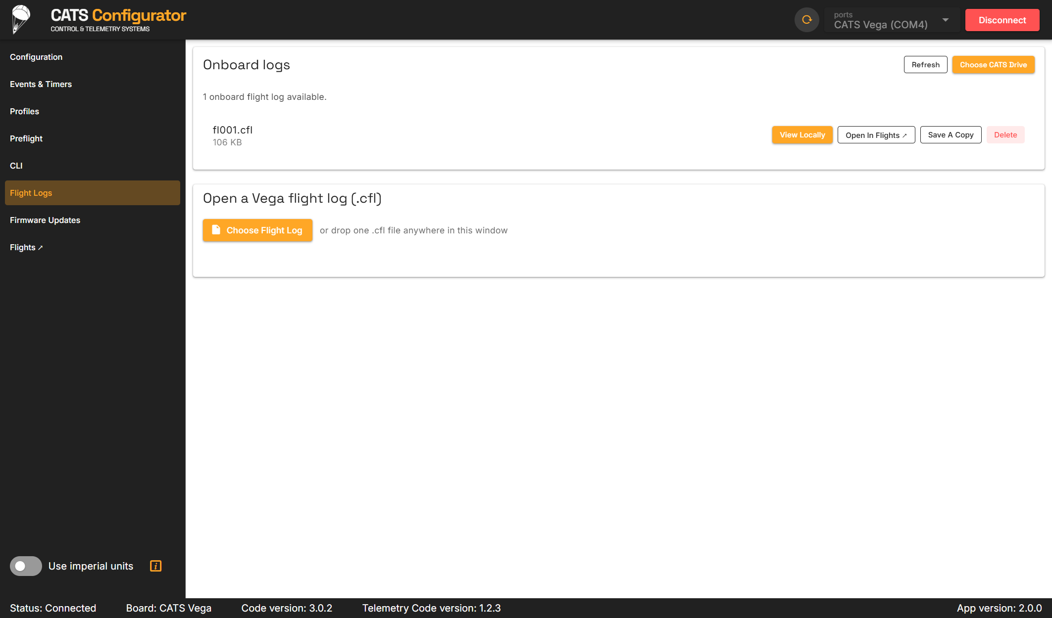 Configurator Flight Logs page listing an onboard Vega log