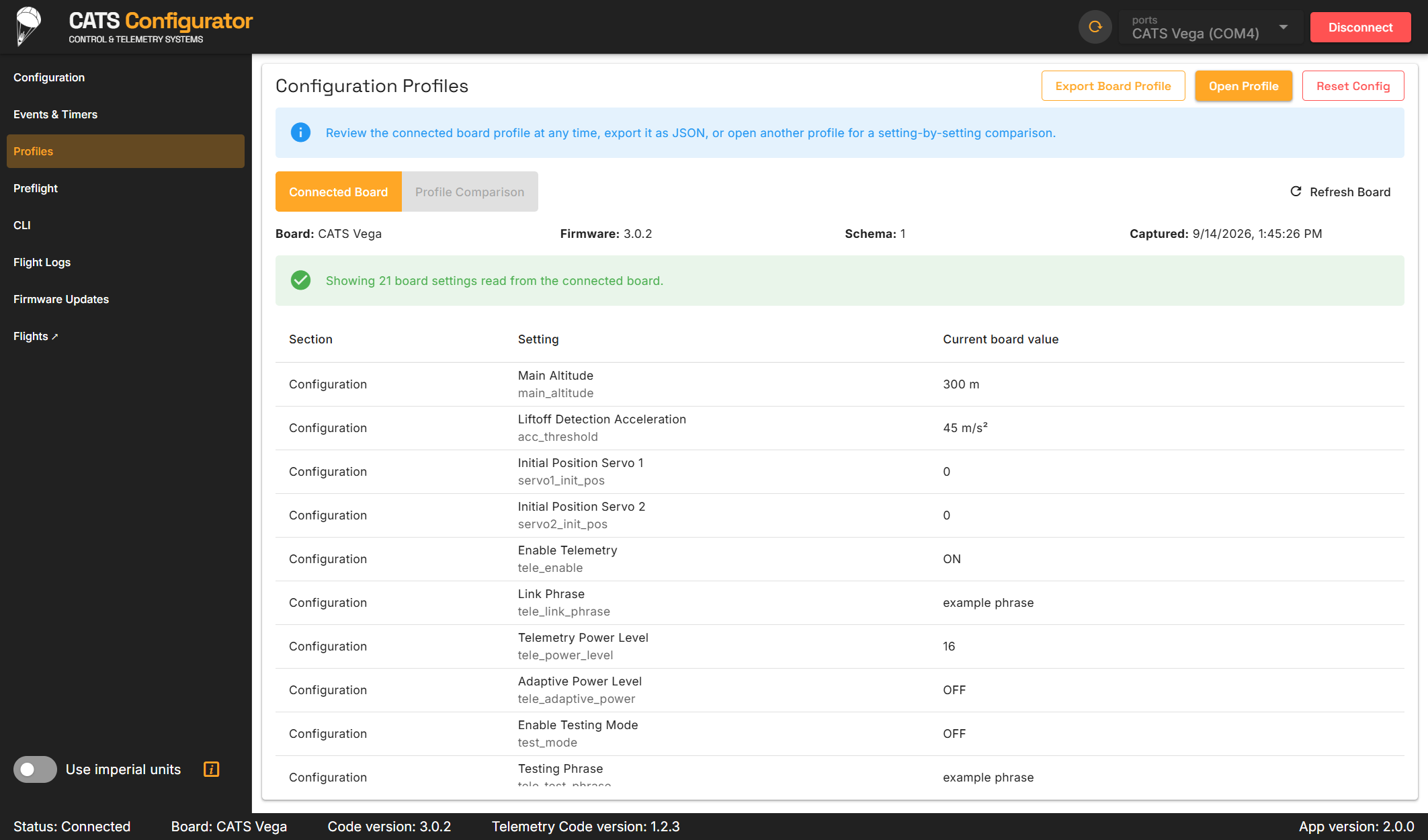 Configurator Profiles page showing connected-board settings