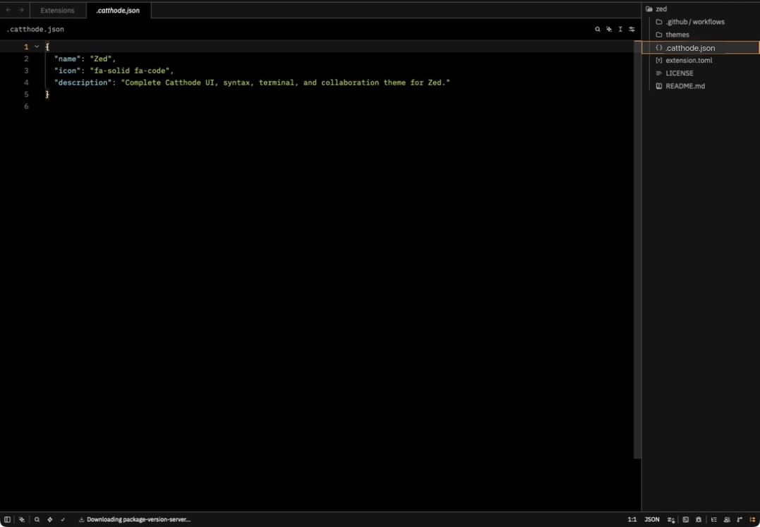 Catthode applied in Zed with its true-black editor, warm syntax colors, and project panel