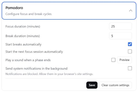 Pomodoro settings card in DSH plugin settings