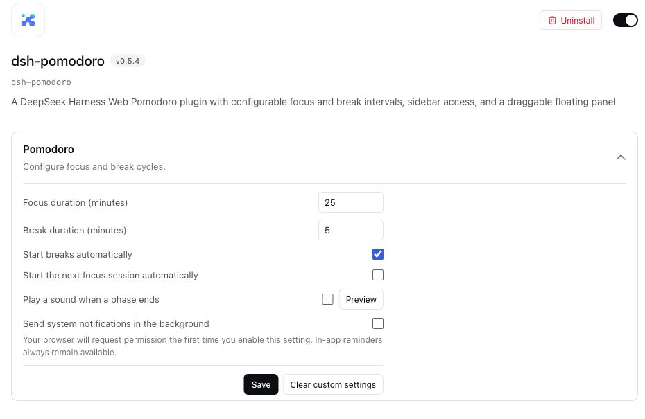 Pomodoro settings in the DSH plugin detail page, light theme