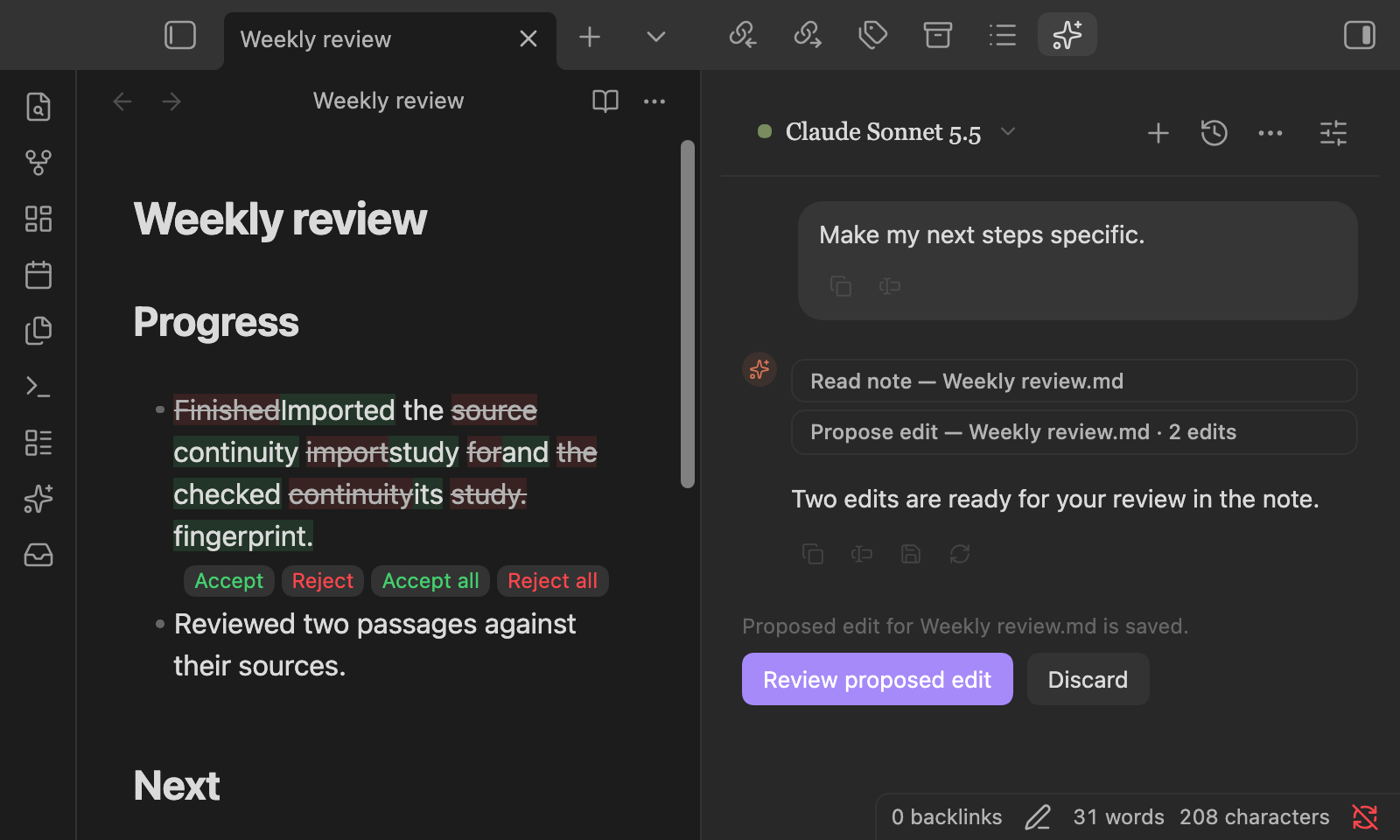 Companion in Obsidian: a note with pending inline edits and the chat that proposed them
