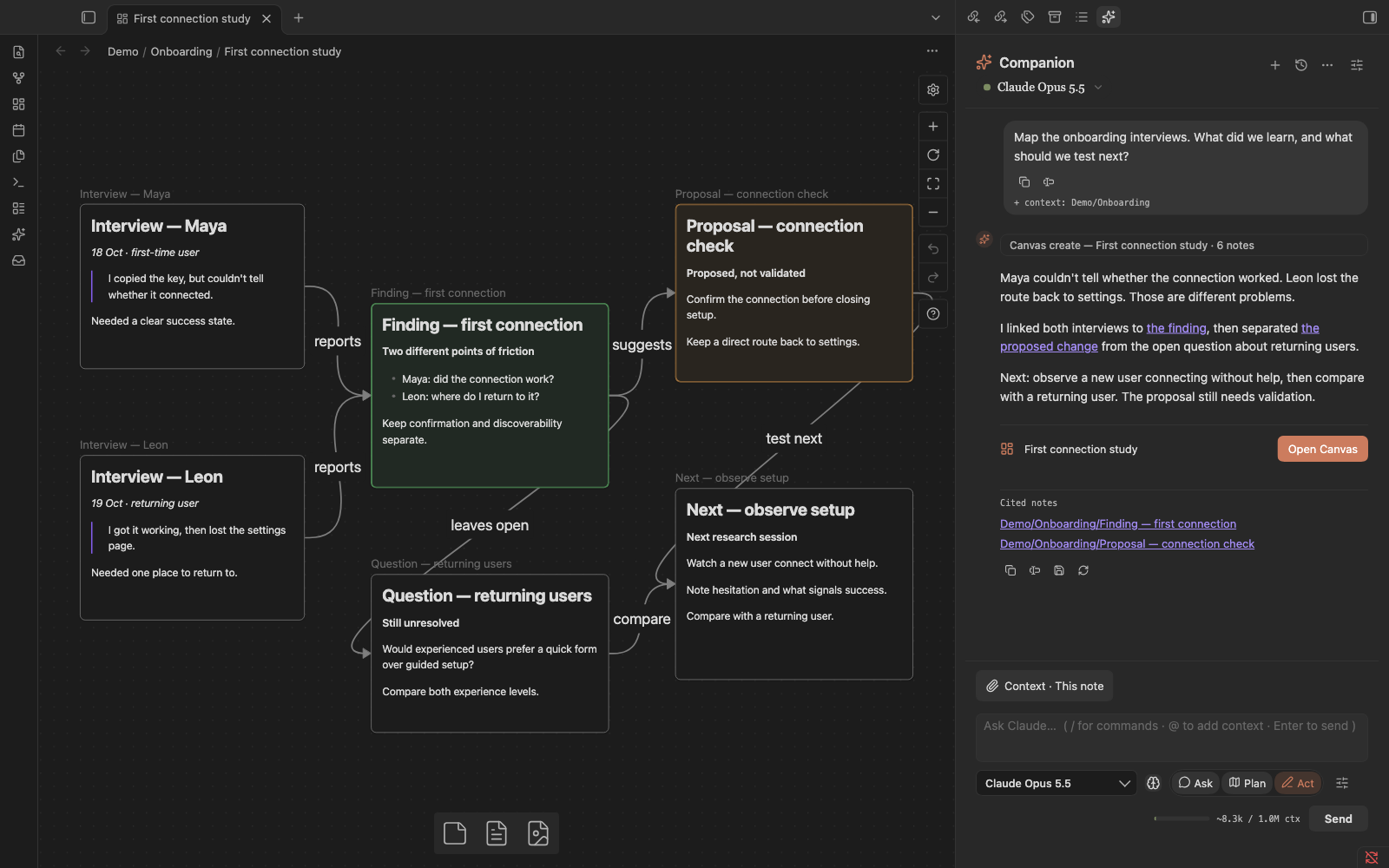 Companion in Obsidian: onboarding interviews connected to a finding, proposal, and next research session beside Claude chat