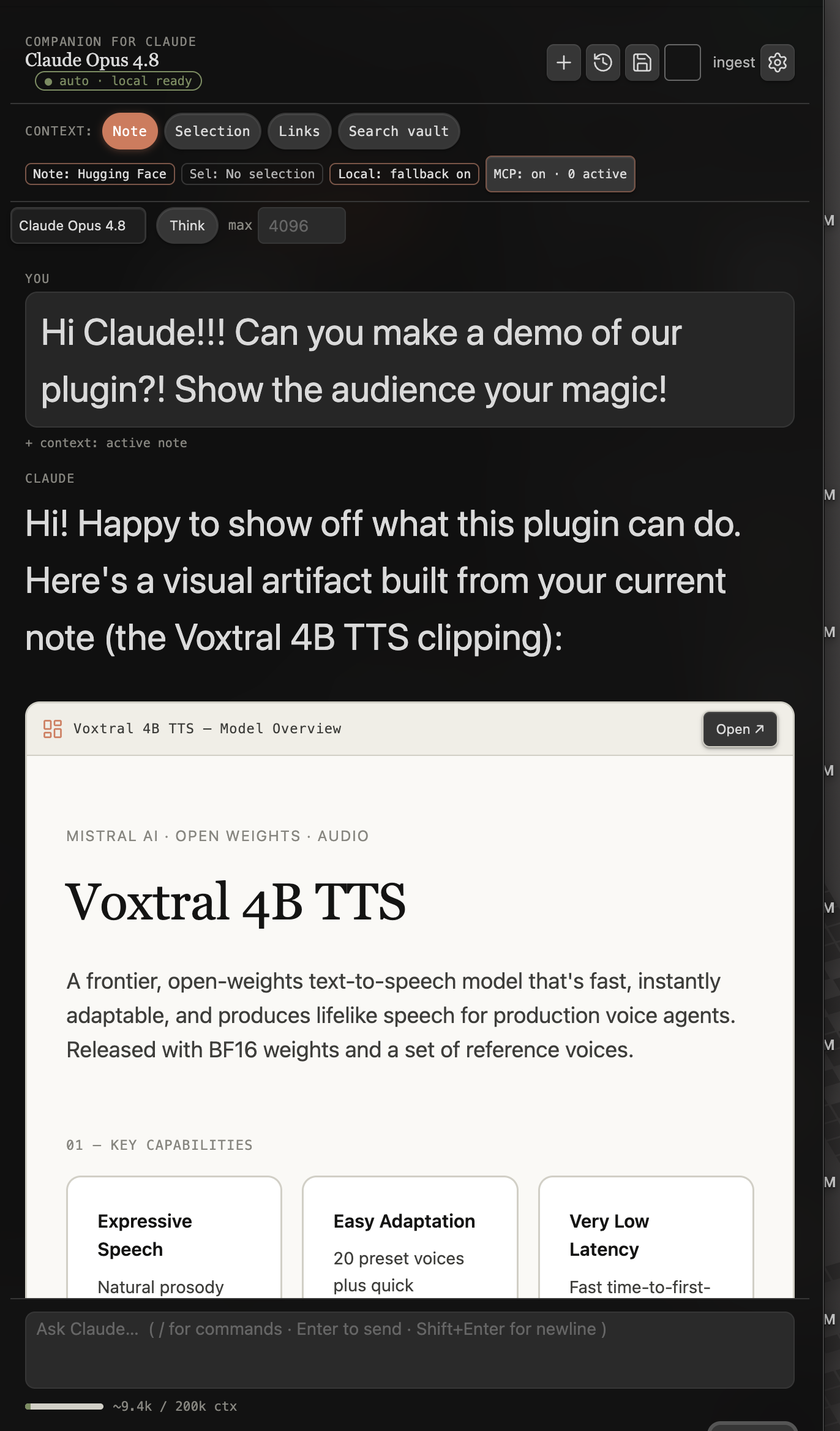 The Companion for Claude side-panel chat, with vault context attached to the conversation