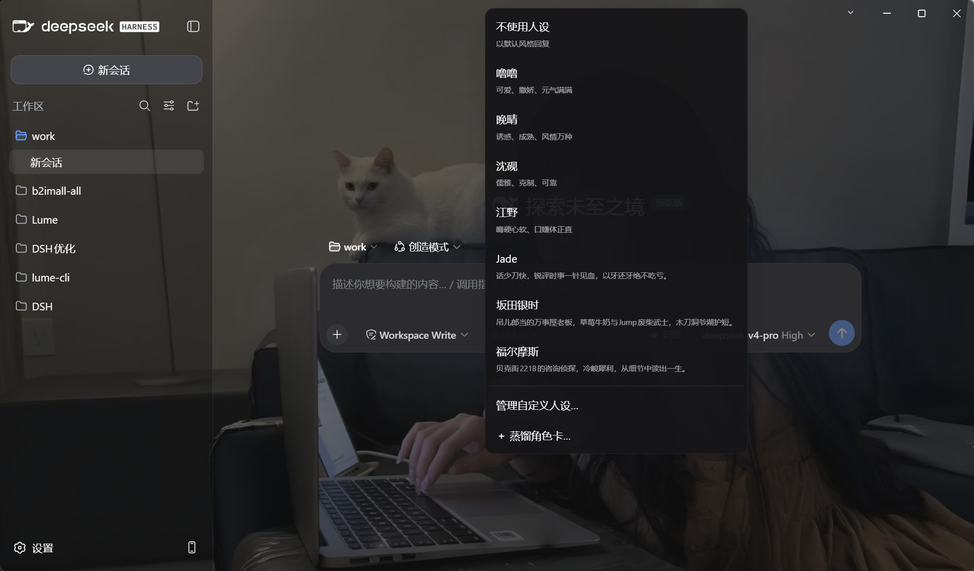 人设菜单：不使用人设置顶，内置卡与自定义卡，底部为蒸馏与管理入口