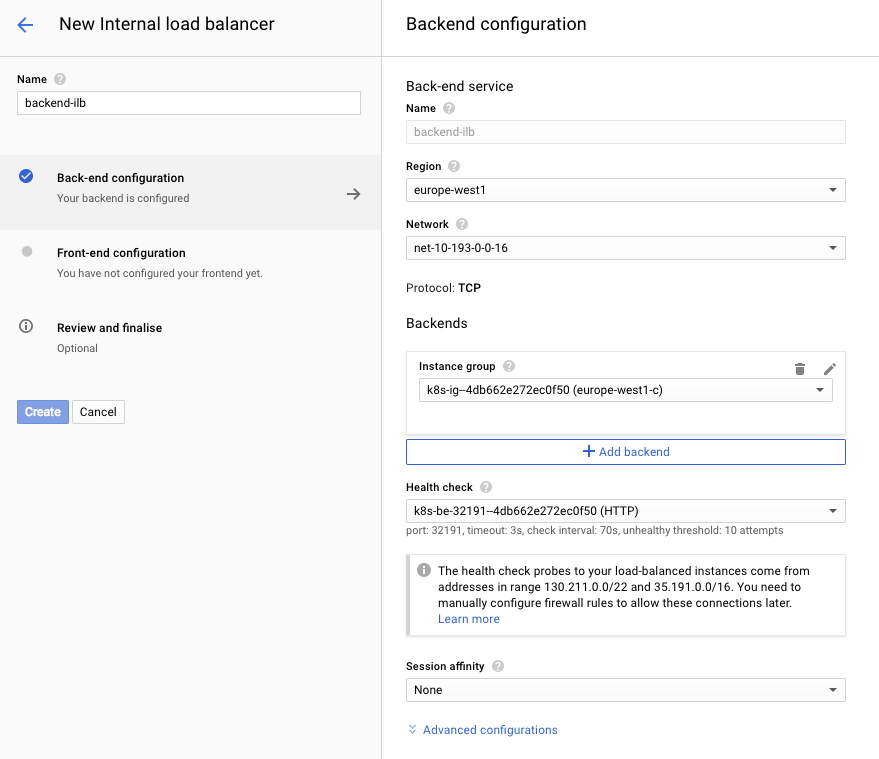 Internal load balancer backend config