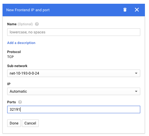 Internal load balancer frontend config