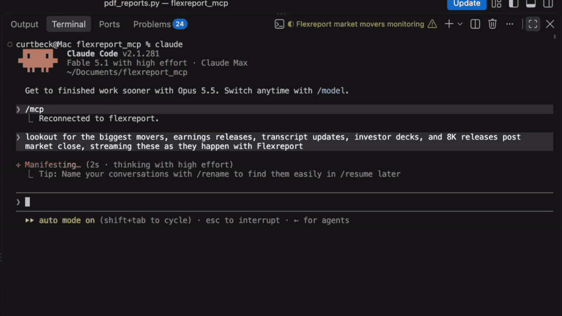 Claude Code streaming Flexreport events after the close and rendering reports as their plans land