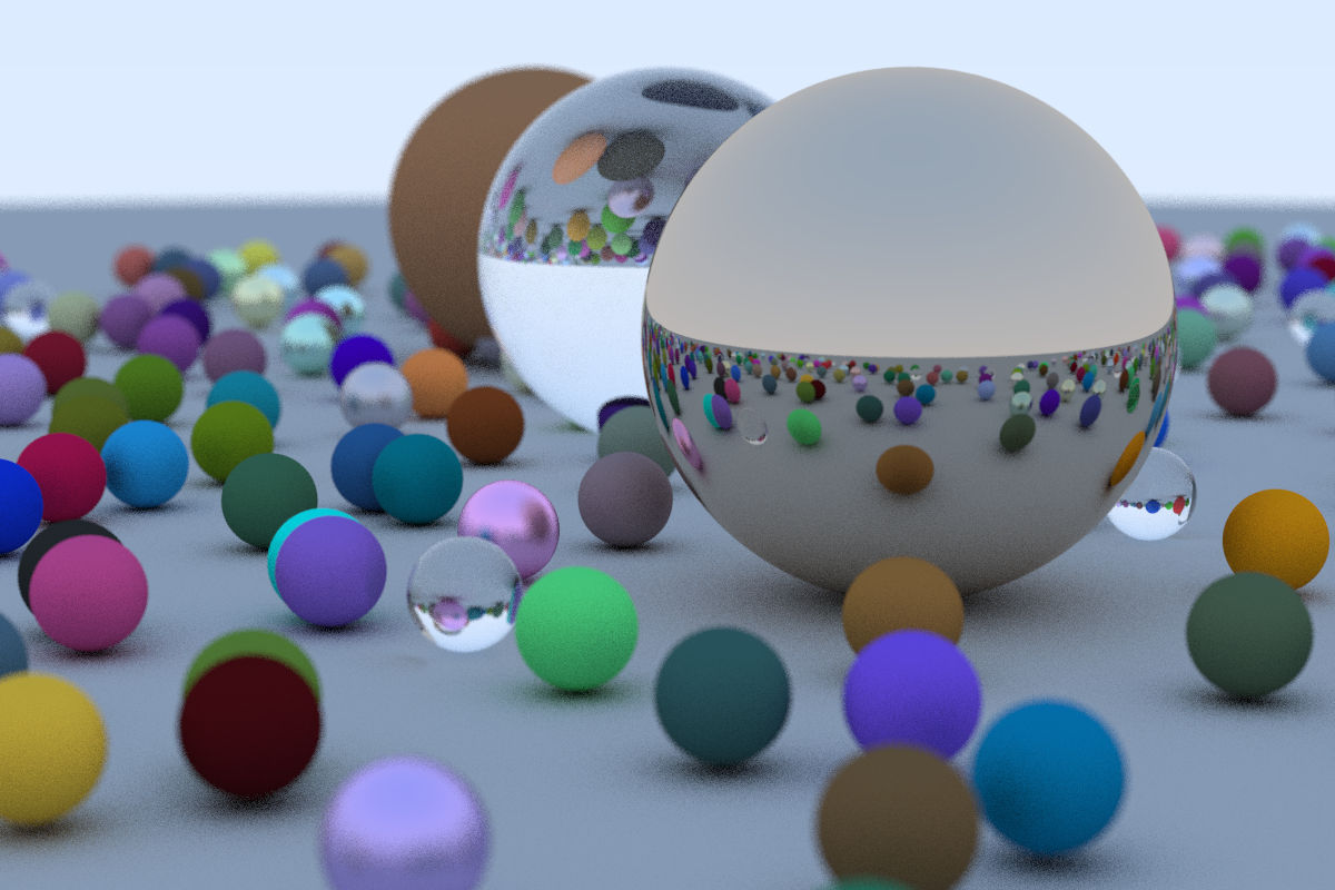 A demo scene rendered by this ray tracer at 1200x800 with 50x oversampling