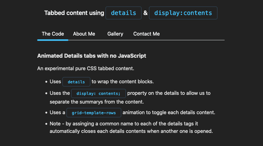 Animated tabbed content using details